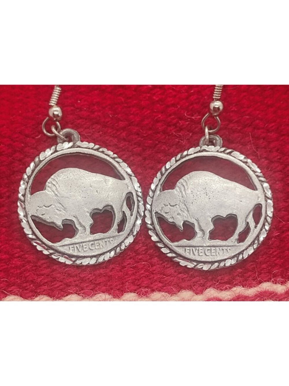 Vtg EJC 97 Pewter Buffalo Nickel Five Cents Coin Dangle Earrings Cutout Silver - Picture 2 of 6